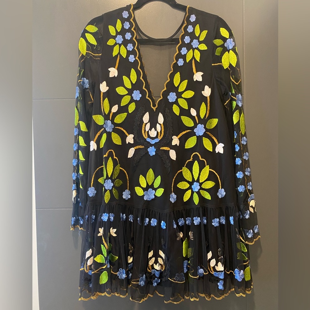 Free People black mesh embroidered floral dress, size small